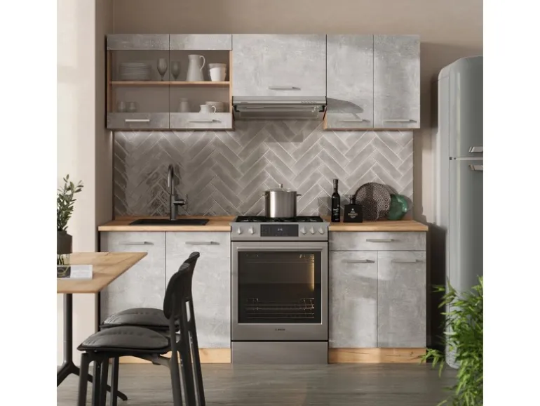 Vicco R-Line Küchenzeile Beton/Goldkraft Eiche 200 cm ohne Arbeitsplatte ohne E-Geräte