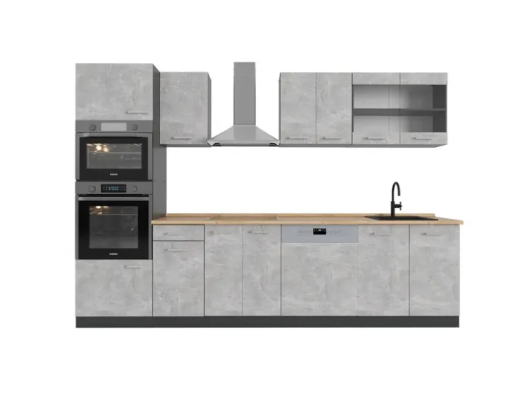 Vicco R-Line Küchenzeile Beton/Anthrazit 300 cm mit HochschrankAP Eiche ohne E-Geräte
