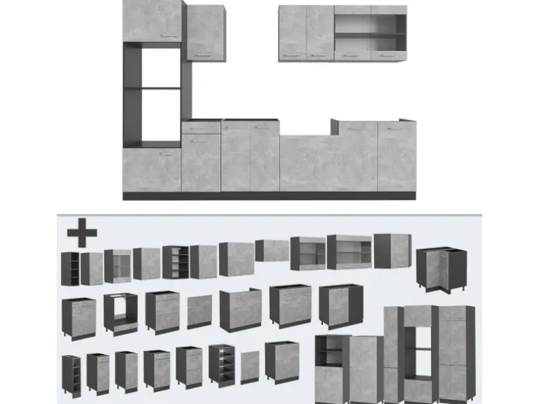 Vicco R-Line Küchenzeile Beton/Anthrazit 300 cm mit HochschrankAP Eiche ohne E-Geräte