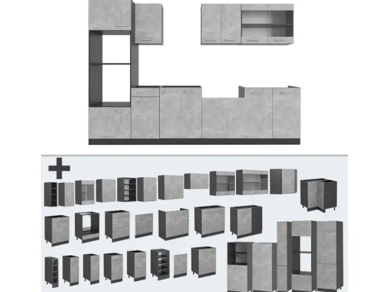 Vicco R-Line Küchenzeile Beton/Anthrazit 300 cm mit HochschrankAP Anthrazit ohne E-Geräte