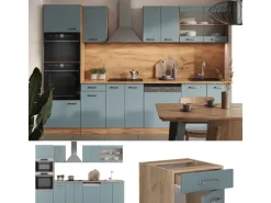 Vicco R-Line Küchenzeile Blau-Grau/Goldkraft Eiche 300 cm mit HochschrankAP Eiche ohne E-Geräte
