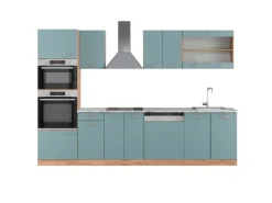 Vicco R-Line Küchenzeile Blau-Grau/Goldkraft Eiche 300 cm mit HochschrankAP Marmor ohne E-Geräte