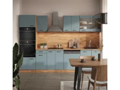 Vicco R-Line Küchenzeile Blau-Grau/Goldkraft Eiche 300 cm mit HochschrankAP Marmor ohne E-Geräte
