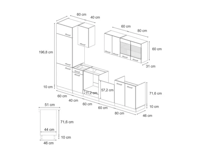 Vicco R-Line Küchenzeile Blau-Grau/Weiß 300 cm AP Eiche ohne E-Geräte