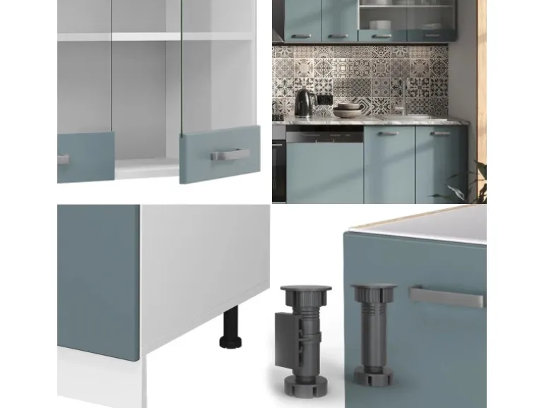 Vicco R-Line Küchenzeile Blau-Grau/Weiß 300 cm AP Eiche ohne E-Geräte