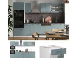 Vicco R-Line Küchenzeile Blau-Grau/Weiß 300 cm mit HochschrankAP Eiche ohne E-Geräte