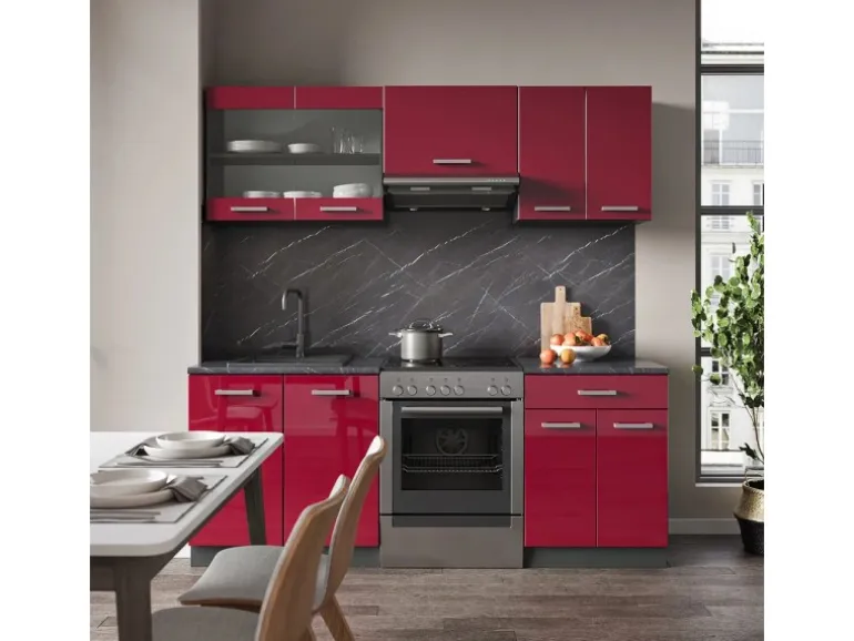 Vicco R-Line Küchenzeile Bordeaux Hochglanz/Anthrazit 200 cm ohne Arbeitsplatte ohne E-Geräte
