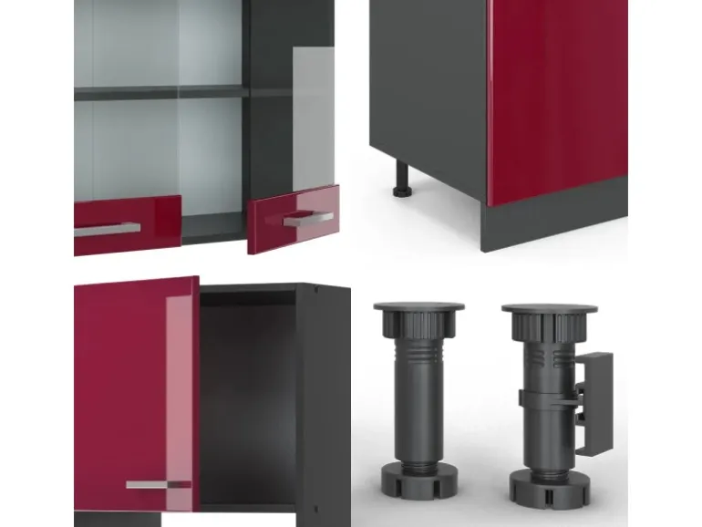 Vicco R-Line Küchenzeile Bordeaux Hochglanz/Anthrazit 300 cm mit Hochschrankohne Arbeitsplatte ohne E-Geräte