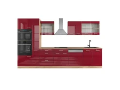 Vicco R-Line Küchenzeile Bordeaux Hochglanz/Goldkraft Eiche 350 cm mit Hochschrankohne Arbeitsplatte ohne E-Geräte