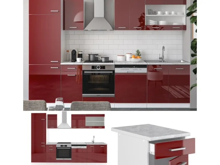 Vicco R-Line Küchenzeile Bordeaux Hochglanz/Weiß 300 cm AP Anthrazit ohne E-Geräte