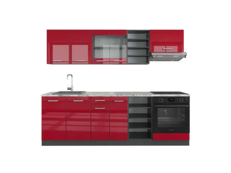 Vicco R-Line Küchenzeile Bordeaux Hochglanz/Anthrazit 240 cm AP Marmor ohne E-Geräte