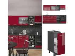 Vicco R-Line Küchenzeile Bordeaux Hochglanz/Anthrazit 240 cm AP Marmor ohne E-Geräte