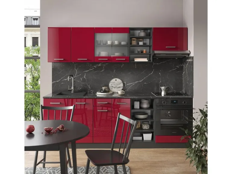 Vicco R-Line Küchenzeile Bordeaux Hochglanz/Anthrazit 240 cm AP Marmor ohne E-Geräte
