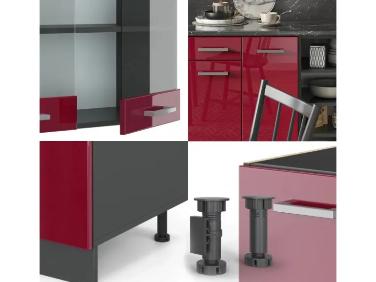 Vicco R-Line Küchenzeile Bordeaux Hochglanz/Anthrazit 240 cm AP Marmor ohne E-Geräte