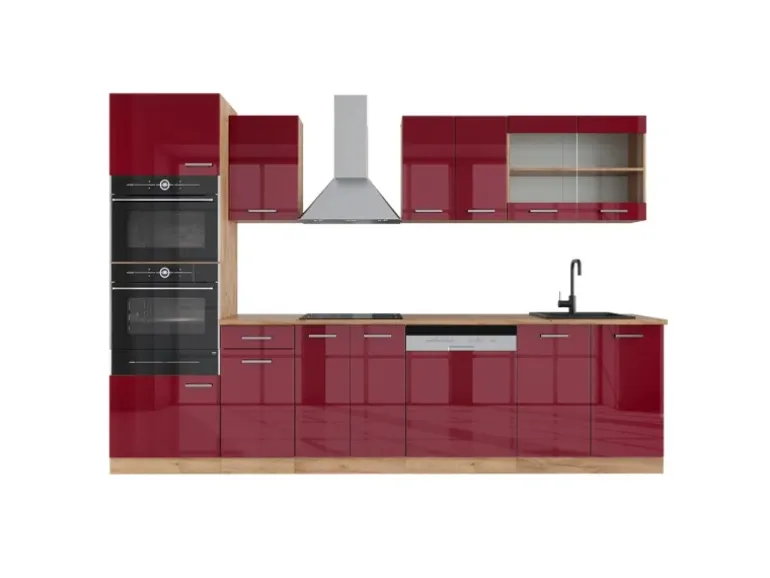 Vicco R-Line Küchenzeile Bordeaux Hochglanz/Goldkraft Eiche 300 cm mit HochschrankAP Eiche ohne E-Geräte
