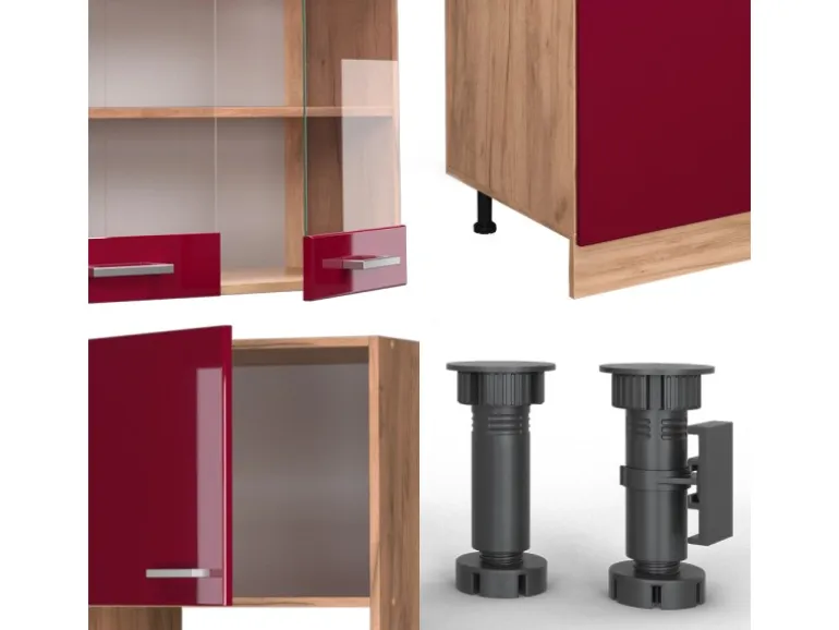 Vicco R-Line Küchenzeile Bordeaux Hochglanz/Goldkraft Eiche 300 cm mit HochschrankAP Eiche ohne E-Geräte