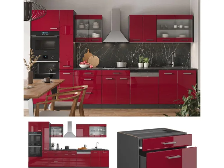 Vicco R-Line Küchenzeile Bordeaux Hochglanz/Anthrazit 350 cm mit Hochschrankohne Arbeitsplatte ohne E-Geräte