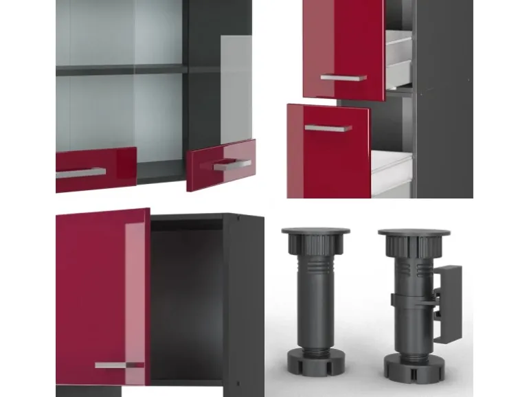 Vicco R-Line Küchenzeile Bordeaux Hochglanz/Anthrazit 350 cm mit Hochschrankohne Arbeitsplatte ohne E-Geräte