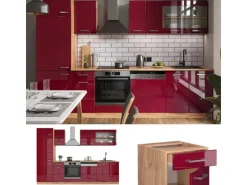 Vicco R-Line Küchenzeile Bordeaux Hochglanz/Goldkraft Eiche 300 cm AP Anthrazit ohne E-Geräte