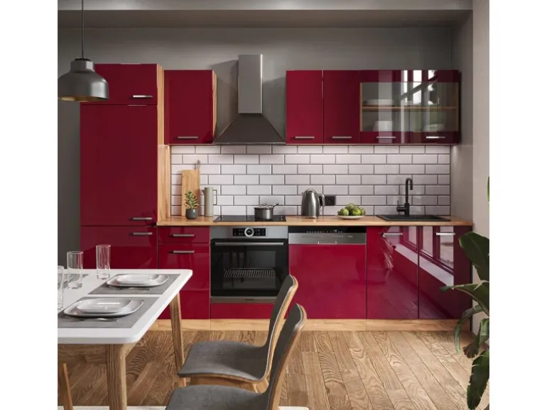 Vicco R-Line Küchenzeile Bordeaux Hochglanz/Goldkraft Eiche 300 cm AP Anthrazit ohne E-Geräte
