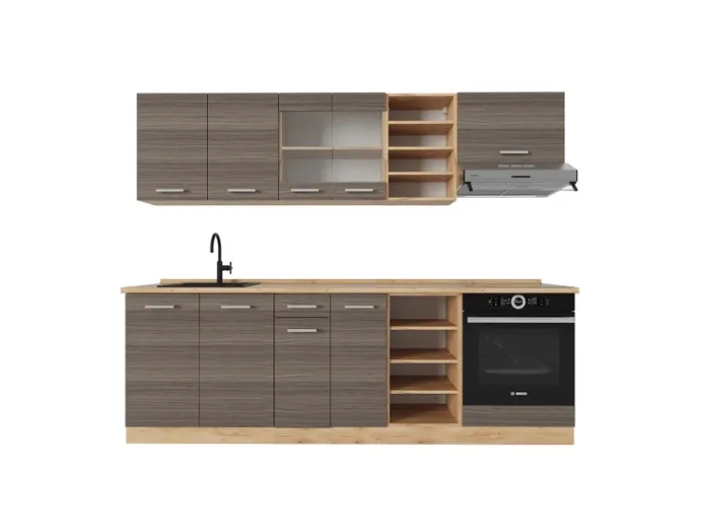 Vicco R-Line Küchenzeile Edelgrau/Goldkraft Eiche 240 cm ohne Arbeitsplatte ohne E-Geräte