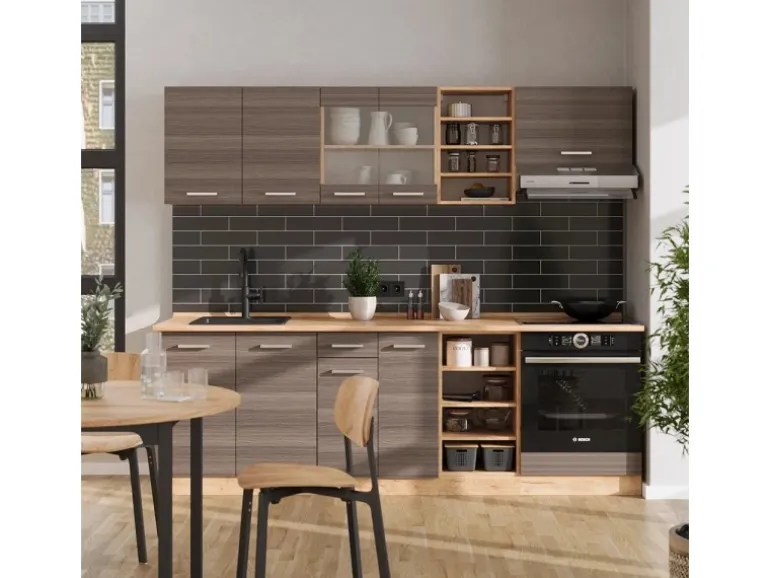 Vicco R-Line Küchenzeile Edelgrau/Goldkraft Eiche 240 cm ohne Arbeitsplatte ohne E-Geräte
