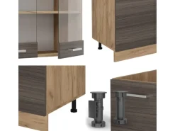 Vicco R-Line Küchenzeile Edelgrau/Goldkraft Eiche 300 cm mit HochschrankAP Anthrazit ohne E-Geräte