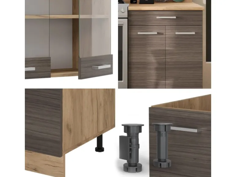 Vicco R-Line Küchenzeile Edelgrau/Goldkraft Eiche 200 cm ohne Arbeitsplatte ohne E-Geräte
