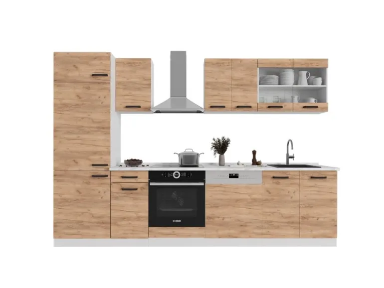 Vicco R-Line Küchenzeile Goldkraft Eiche/Weiß 300 cm AP Marmor ohne E-Geräte