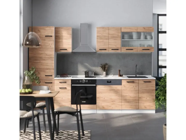 Vicco R-Line Küchenzeile Goldkraft Eiche/Weiß 300 cm AP Marmor ohne E-Geräte