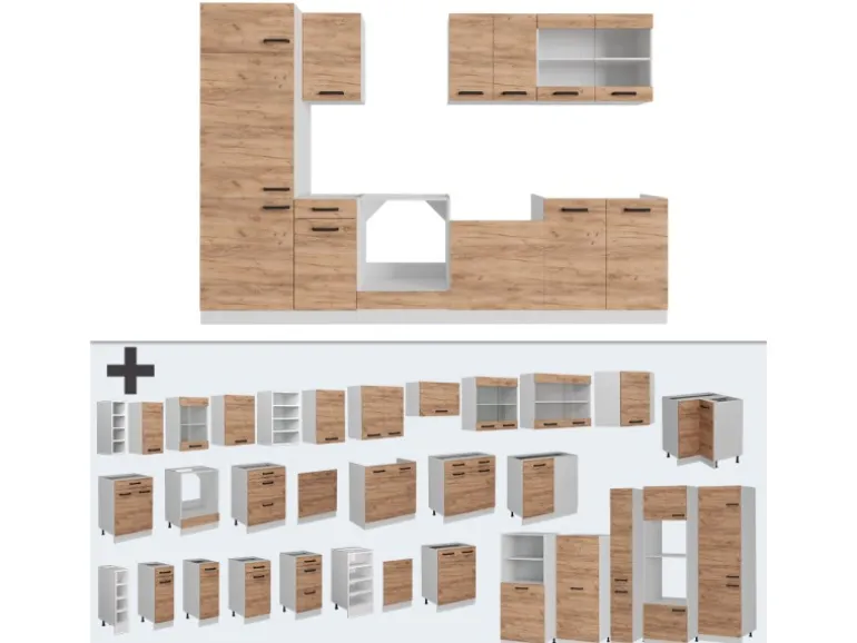 Vicco R-Line Küchenzeile Goldkraft Eiche/Weiß 300 cm AP Marmor ohne E-Geräte