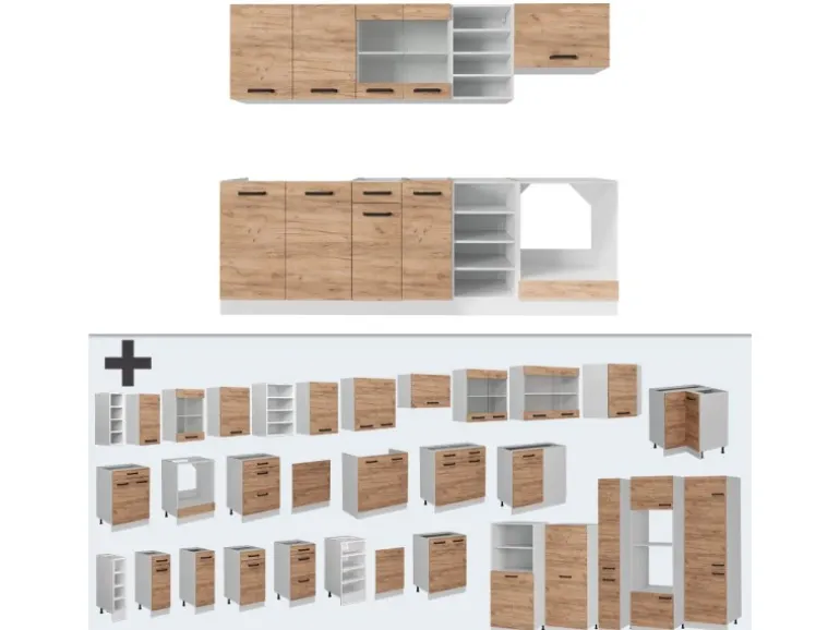 Vicco R-Line Küchenzeile Goldkraft Eiche/Weiß 240 cm ohne Arbeitsplatte ohne E-Geräte