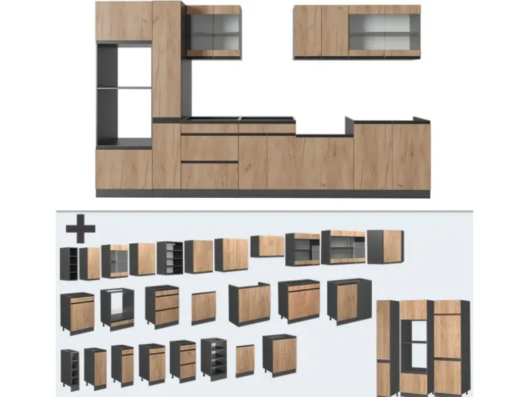 Vicco R-Line Küchenzeile Goldkraft Eiche/Anthrazit 350 cm J-Shapemit Hochschrankohne Arbeitsplatte ohne E-Geräte