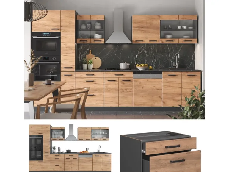 Vicco R-Line Küchenzeile Goldkraft Eiche/Anthrazit 350 cm mit Hochschrankohne Arbeitsplatte ohne E-Geräte