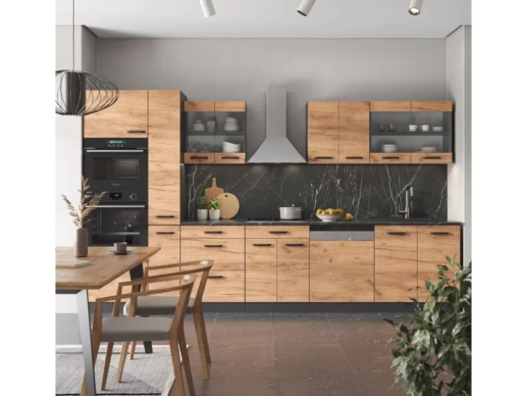 Vicco R-Line Küchenzeile Goldkraft Eiche/Anthrazit 350 cm mit Hochschrankohne Arbeitsplatte ohne E-Geräte