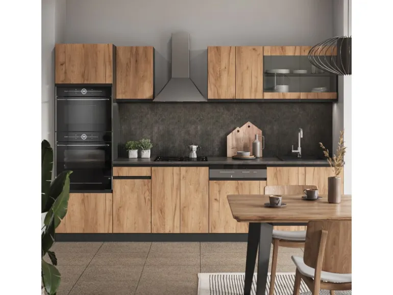 Vicco R-Line Küchenzeile Goldkraft Eiche/Anthrazit 300 cm J-Shapemit Hochschrankohne Arbeitsplatte ohne E-Geräte