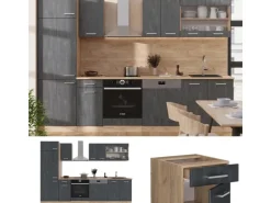 Vicco R-Line Küchenzeile Schwarz Beton/Goldkraft Eiche 300 cm AP Marmor ohne E-Geräte