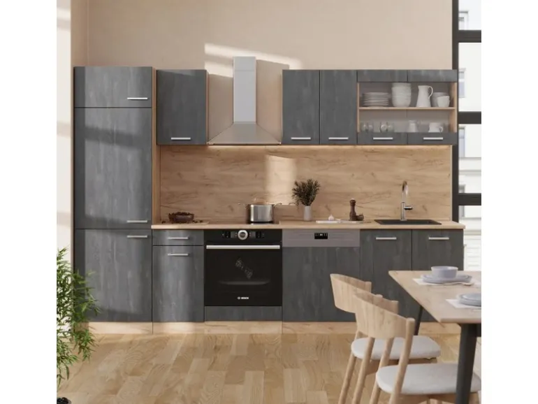 Vicco R-Line Küchenzeile Schwarz Beton/Goldkraft Eiche 300 cm AP Marmor ohne E-Geräte