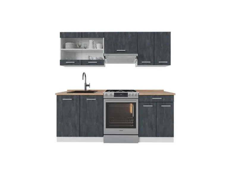 Vicco R-Line Küchenzeile Schwarz Beton/Weiß 200 cm AP Eiche ohne E-Geräte