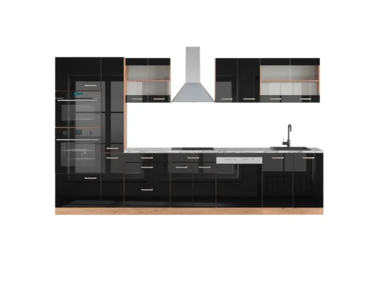 Vicco R-Line Küchenzeile Schwarz-Eiche Hochglanz/Goldkraft Eiche 350 cm mit HochschrankAP Marmor ohne E-Geräte