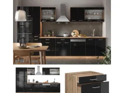 Vicco R-Line Küchenzeile Schwarz-Eiche Hochglanz/Goldkraft Eiche 350 cm mit HochschrankAP Marmor ohne E-Geräte