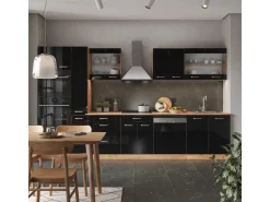 Vicco R-Line Küchenzeile Schwarz-Eiche Hochglanz/Goldkraft Eiche 350 cm mit HochschrankAP Marmor ohne E-Geräte
