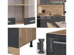 Vicco R-Line Küchenzeile Schwarz Beton/Goldkraft Eiche 300 cm AP Eiche ohne E-Geräte