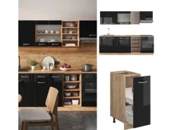 Vicco R-Line Küchenzeile Schwarz Hochglanz/Goldkraft Eiche 240 cm ohne Arbeitsplatte ohne E-Geräte