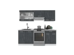 Vicco R-Line Küchenzeile Schwarz Beton/Weiß 200 cm AP Marmor ohne E-Geräte