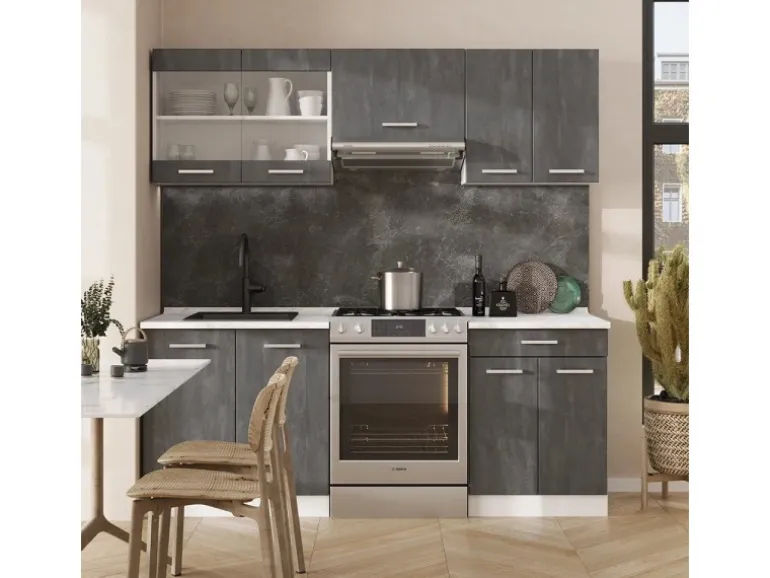 Vicco R-Line Küchenzeile Schwarz Beton/Weiß 200 cm AP Marmor ohne E-Geräte