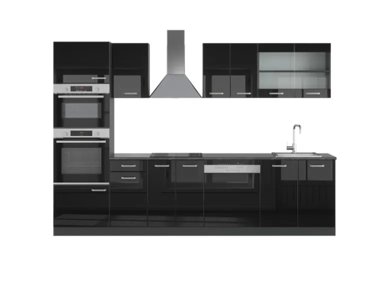 Vicco R-Line Küchenzeile Schwarz Hochglanz/Anthrazit 300 cm mit HochschrankAP Anthrazit ohne E-Geräte