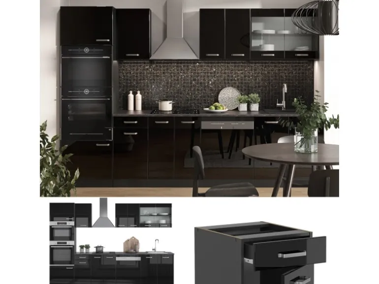 Vicco R-Line Küchenzeile Schwarz Hochglanz/Anthrazit 300 cm mit HochschrankAP Anthrazit ohne E-Geräte