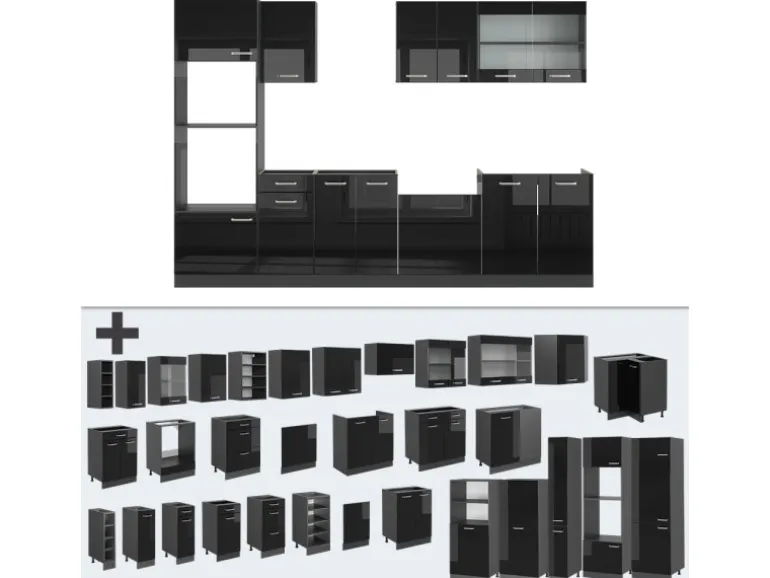 Vicco R-Line Küchenzeile Schwarz Hochglanz/Anthrazit 300 cm mit HochschrankAP Anthrazit ohne E-Geräte