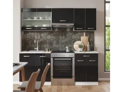Vicco R-Line Küchenzeile Schwarz Hochglanz/Weiß 200 cm AP Anthrazit ohne E-Geräte